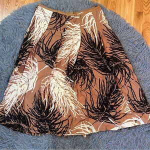 Nic+Zoe Brown White Midi Skirt Feather Print Size L 14